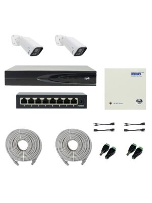 PNI House IP816 NVR-Paket mit 2 PNI IP780 4K-Kameras, Quelle, Schalter, Kabeln, Steckern und Splittern