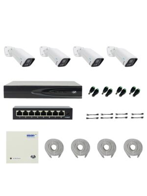 PNI House IP816 NVR-Paket mit 4 PNI IP780 4K-Kameras, Quelle, Schalter, Kabeln, Steckern und Splittern