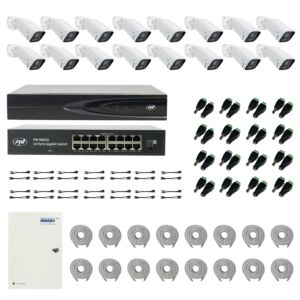 PNI House IP816 NVR-Paket mit 16 PNI IP740 4MP-Kameras, Quelle, Schalter, Kabeln, Steckern und Splittern