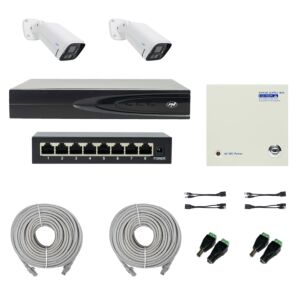 PNI House IP816 NVR-Paket mit 2 PNI IP780 4K-Kameras, Quelle, Schalter, Kabeln, Steckern und Splittern