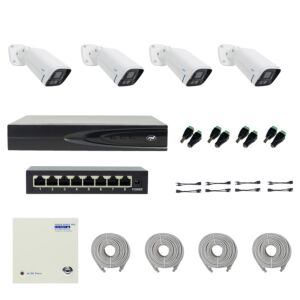 PNI House IP816 NVR-Paket mit 4 PNI IP780 4K-Kameras, Quelle, Schalter, Kabeln, Steckern und Splittern